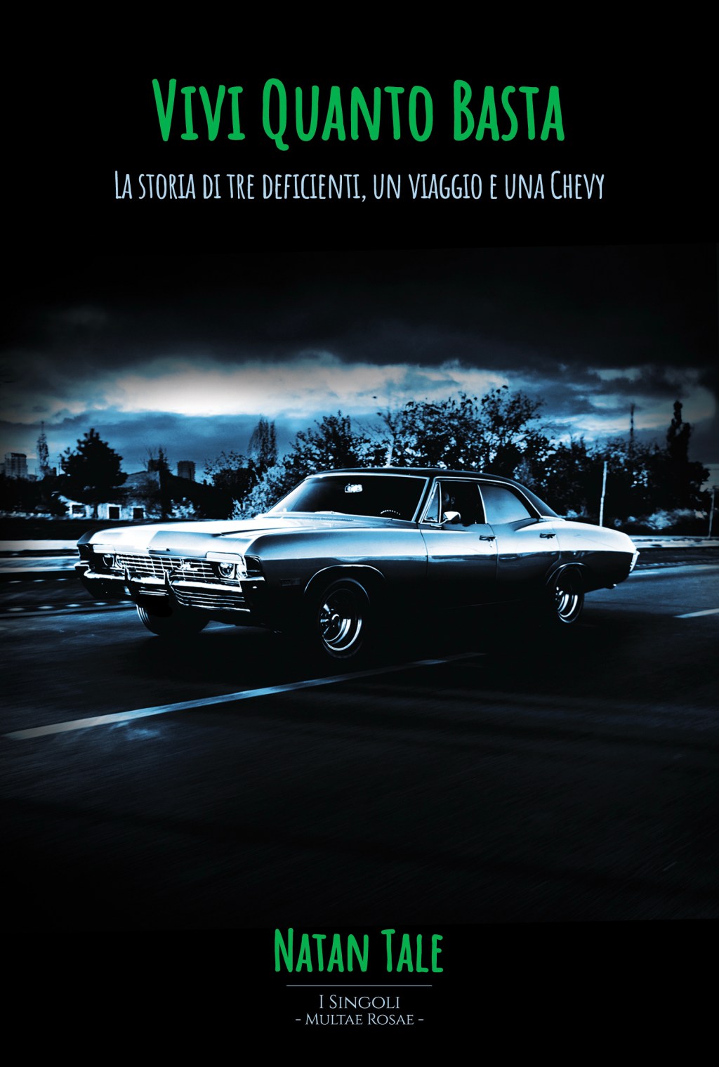 Cover "Vivi Quanto Basta - La storia di tre deficienti, un viaggio e una Chevy" di Natan Tale - Serie di libri "I Singoli" di Multae Rosae